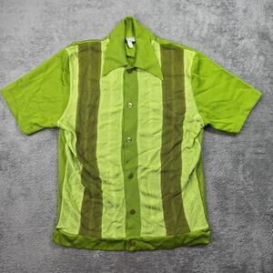 Vintage 60s Carleton California Knit Shirt Lime Green Mod Stripe Dagger Collar M
